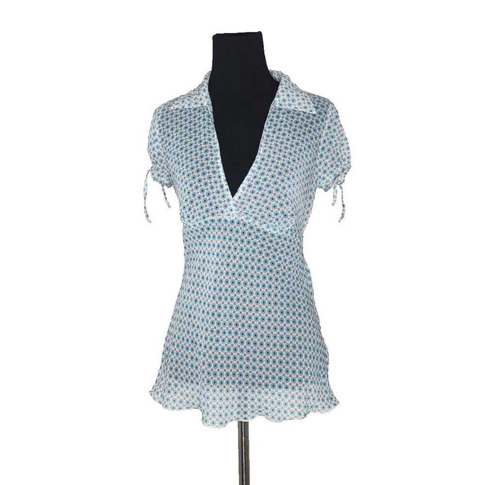 Poetry Y2K Blue Geometric Floral Short Sleeve V-Neck Mesh Top Empire Waist Fairy